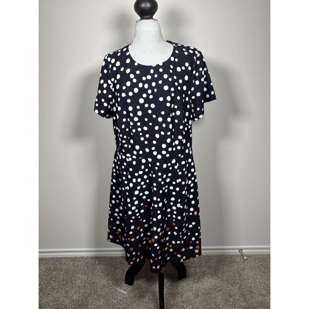 Vince Camuto Size 16W Knee Blue Brown White Polka Dot Short Sleeve Formal Dress